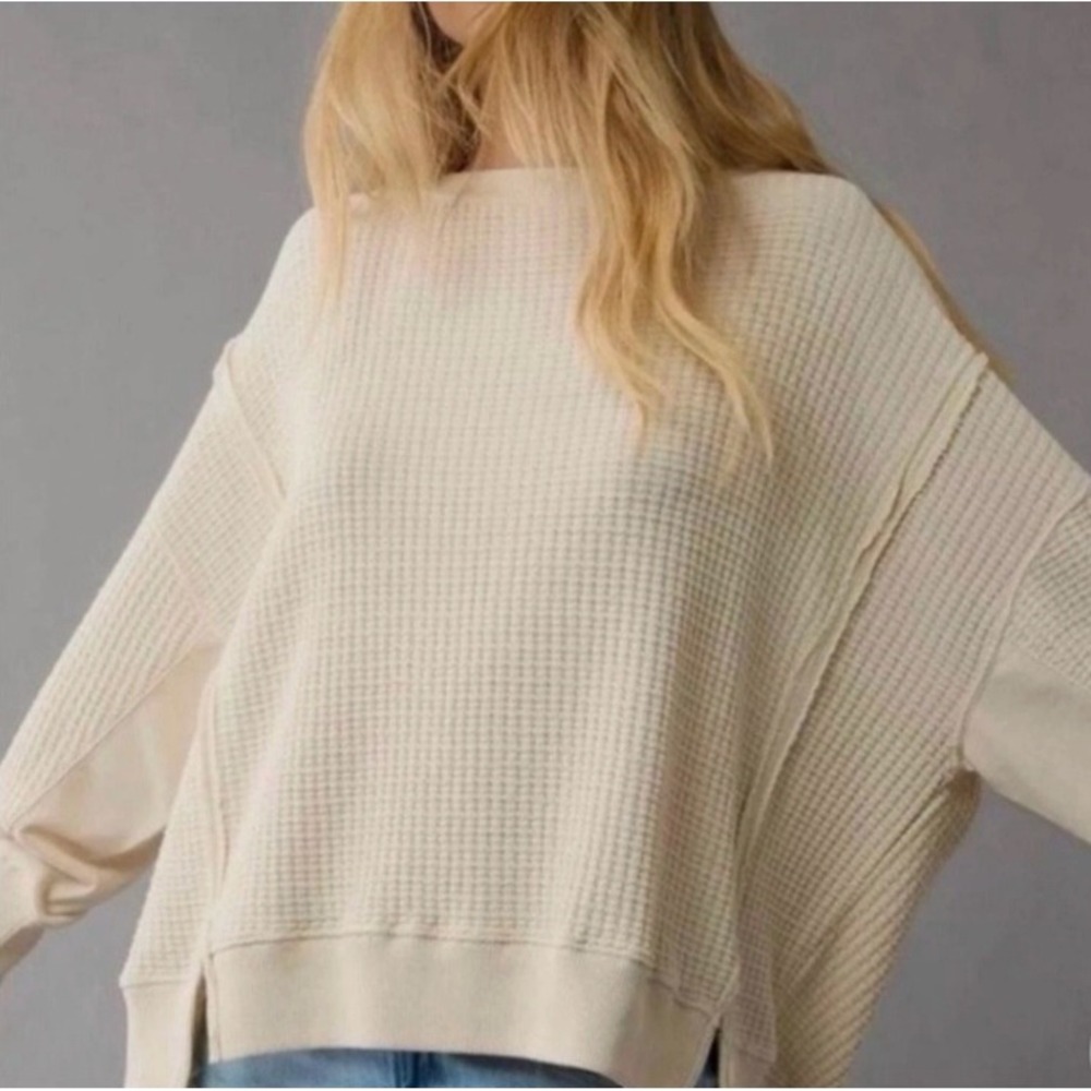 American Eagle Seriously Lived-In Big Hug Waffle Knit Women's S Cream Crewneck